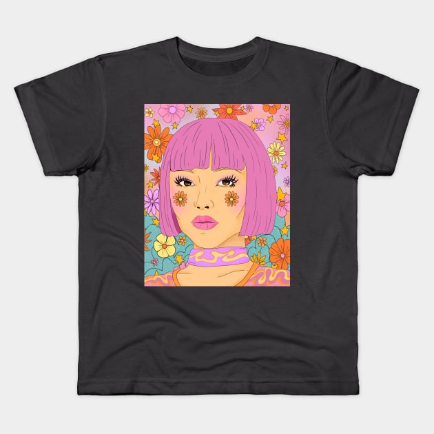 Flower Girl - Retro Portrait Kids T-Shirt by rosiemoonart